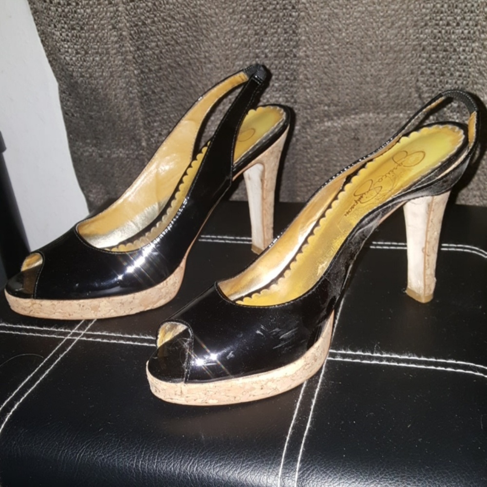 Black Patent Peep Toe Sling Backs Cork Platform